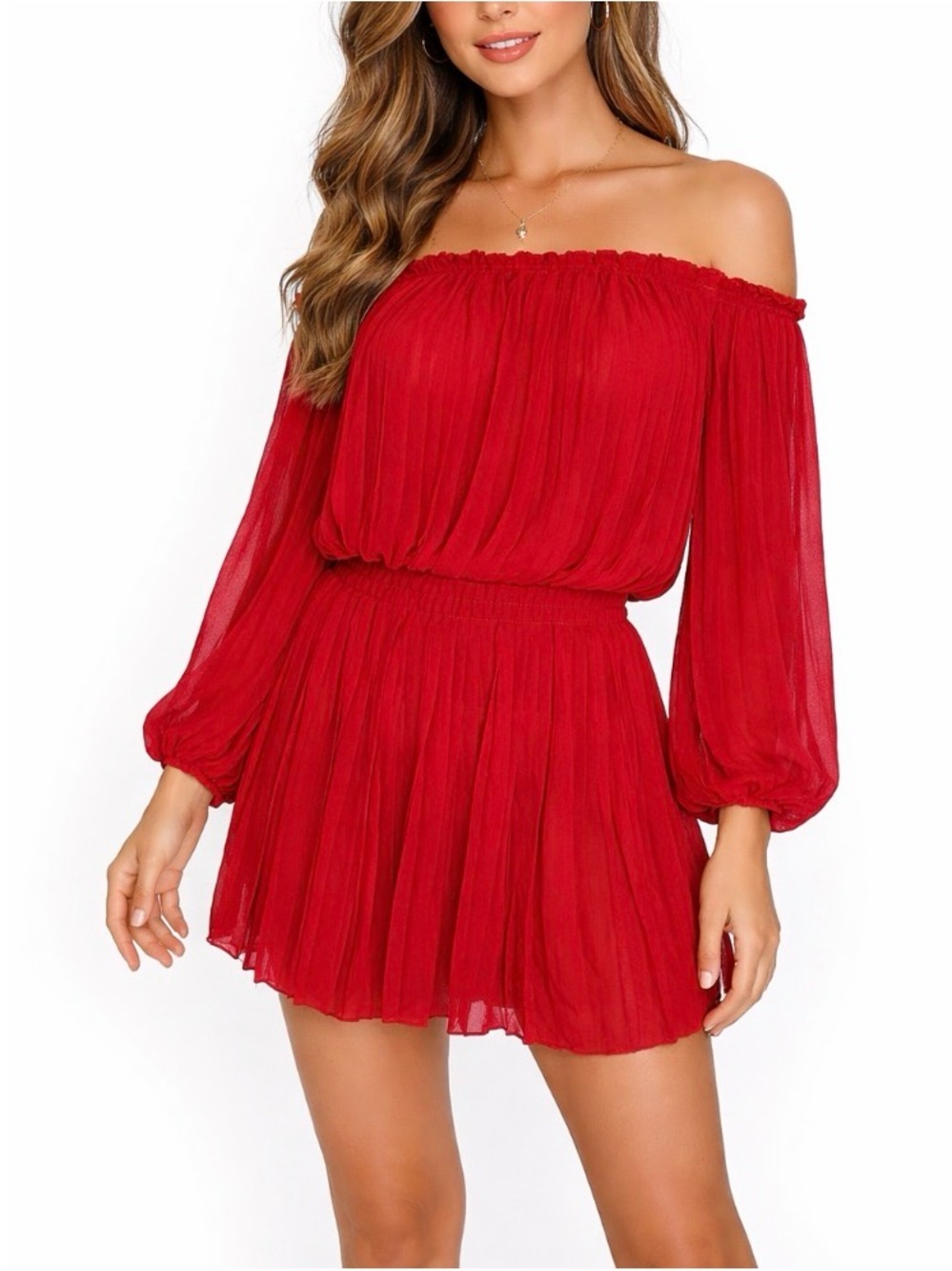 Max Studio Off-Shoulder Red Pleated Mini Dress pleated long sleeve SZ SM